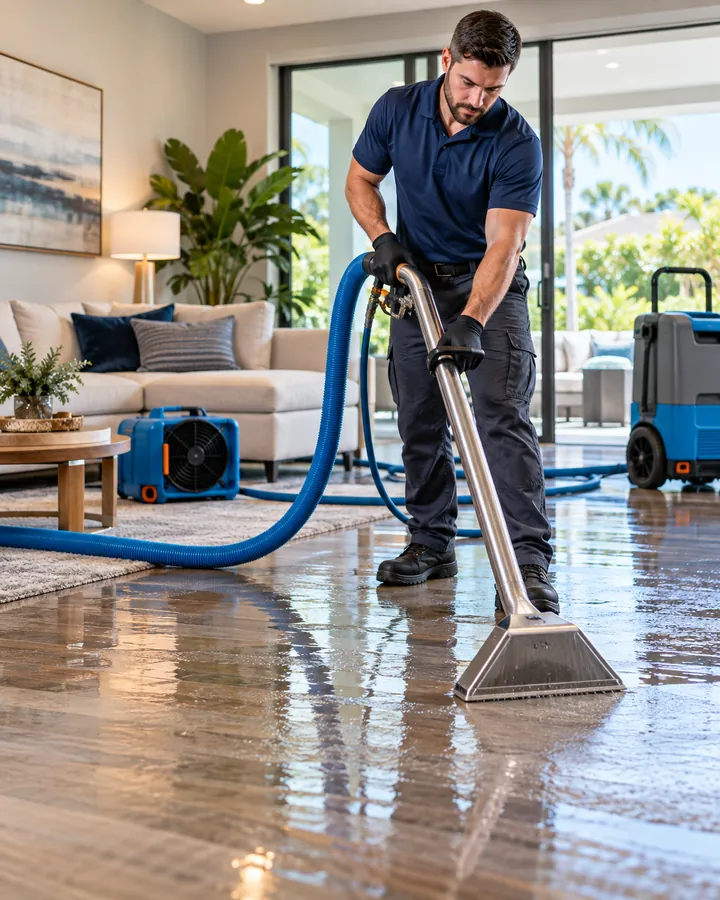 Technician removing water from a wood floor in a living room with air movers and a dehumidifier