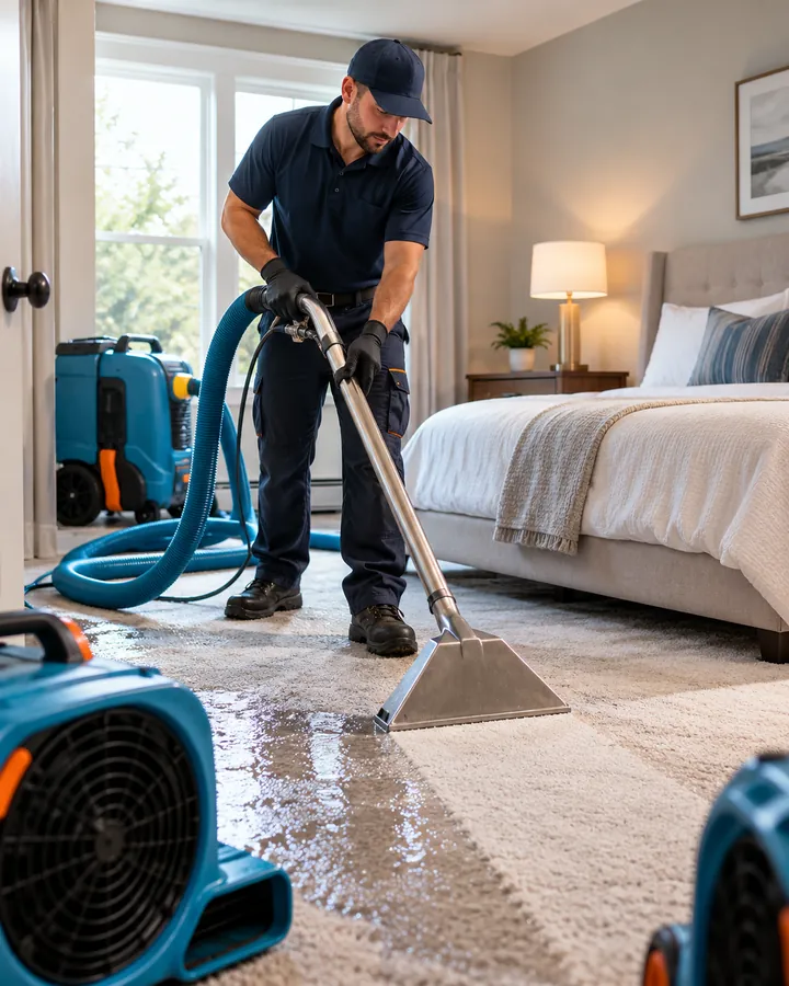 Technician using an extraction wand on wet carpet in a bedroom with air movers running