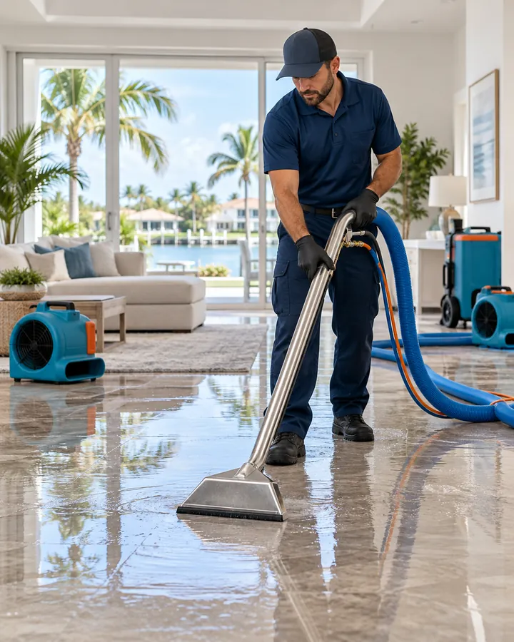 Technician using a water extraction wand on a wet tile floor while air movers and a dehumidifier run in a Florida living room