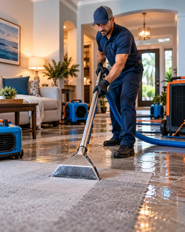 Technician extracting water from a wet living room floor where carpet meets tile, surrounded by drying equipment