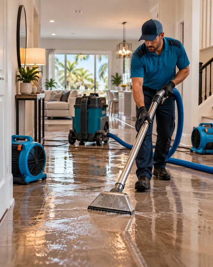 Dehumidifier and air movers running in a hallway while a technician extracts water from a tile floor