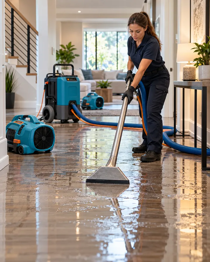 Technician extracting water from a wet hallway floor while a dehumidifier and air movers dry the home